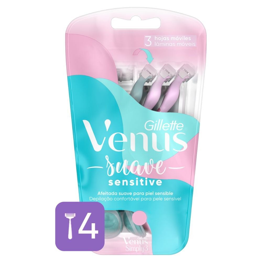 Venus Simply 3 Sensitive Maquina de Afeitar Desechable 3 Hojas Mujer x4