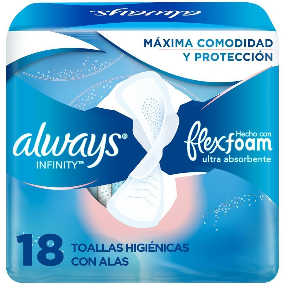 Toalla Higiénica Día Ultradelgada Infinity Con FlexFoam Tela Suave 18 Unidades
