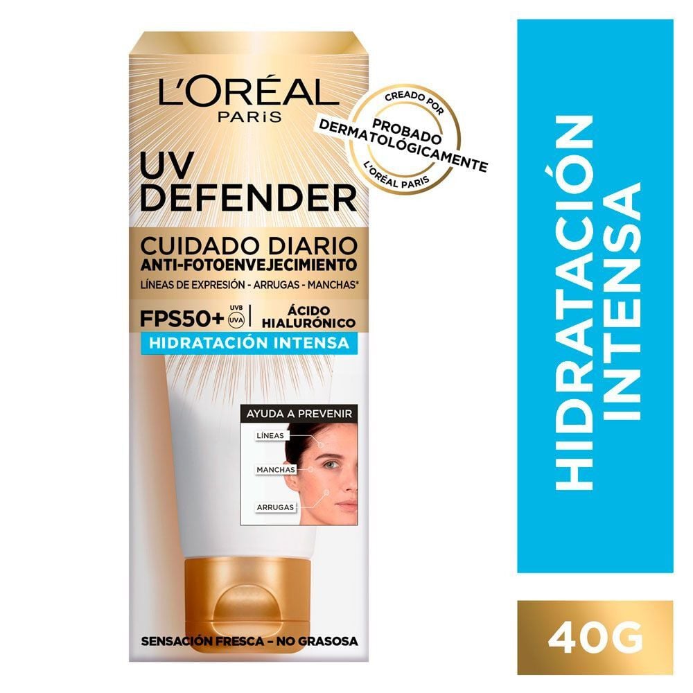 Uv Defender Crema Facial Anti-Fotoenvejecimiento Fps50 + Ácido Hialurónico Hidratación Intensa 40 grs