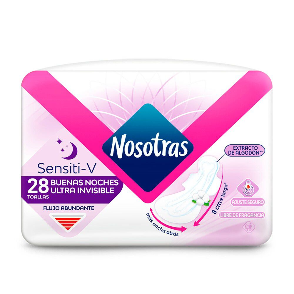 Toalla Higiénica Nocturna Ultradelgada Sensiti-V 28 Tela Suave Unidades