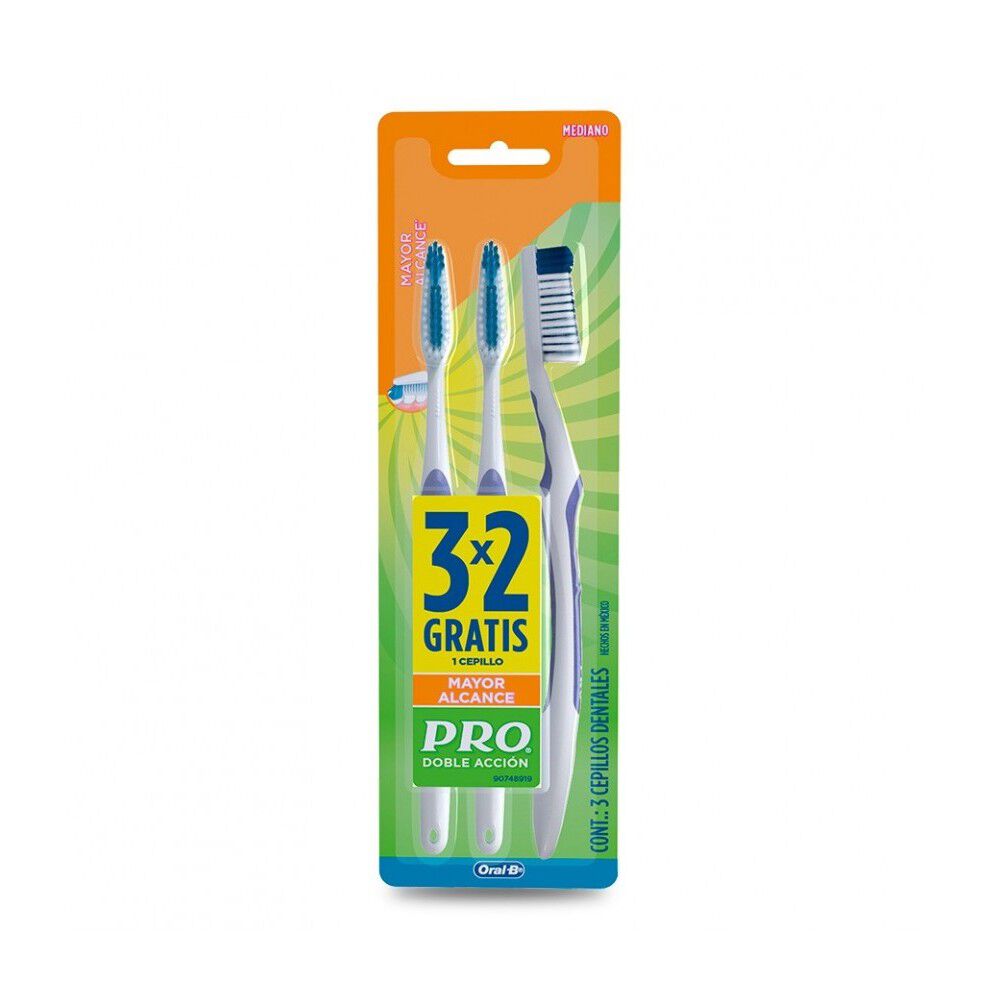 Pro Cepillo Dental Doble Acción Mayor Alcance Medio 3x2
