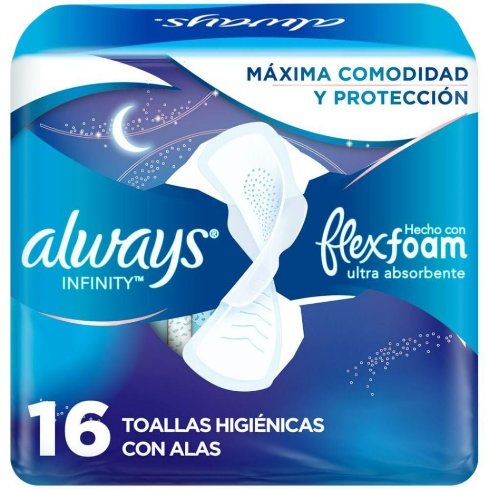 Toalla Higiénica Nocturna Ultradelgada Infinity Con FlexFoam Tela Suave 16 Unidades