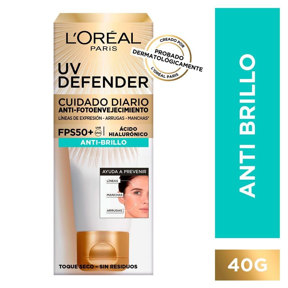 Uv Defender Crema Facial Anti-Fotoenvejecimiento Fps50 + Ácido Hialurónico Anti Brillo 40 grs