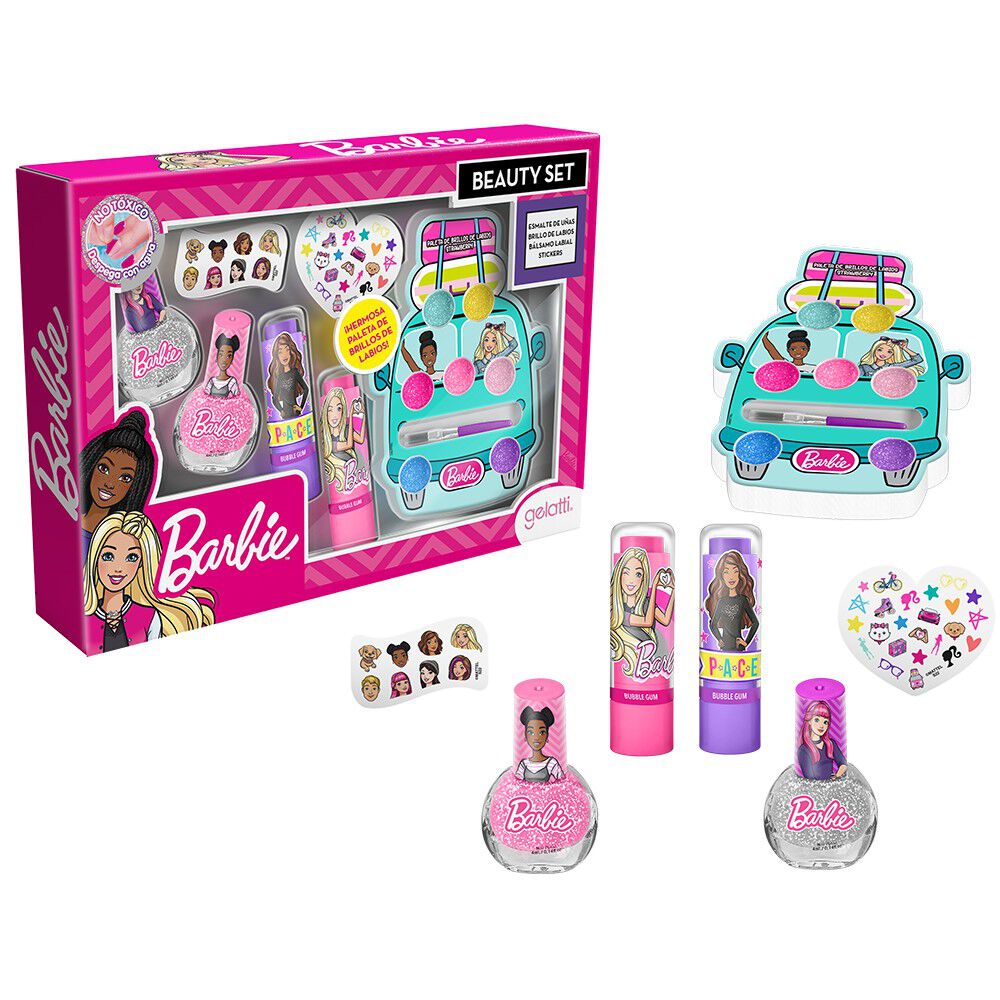 Set de Maquillaje Barbie 2 Esmaltes + 2 Balsamos Labiales + Paleta Gloss  Labios + Regalo