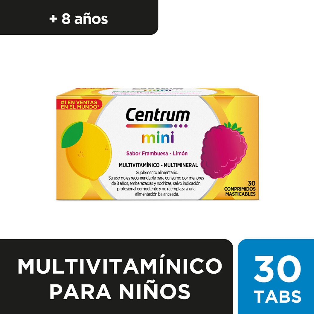 Centrum Mini Multivitaminico-Multimineral para mayores de 8 años 30 Comprimidos Sabor Frambuesa-Limón 